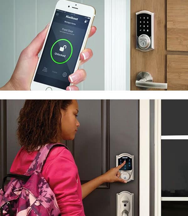 Examples of smart locks, including unlock via smartphone app and a biometric lock unlocked with a fingerprint.