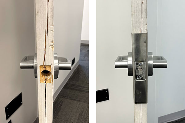 Damaged door repaired with a new lock and reinforced with a wrap around plate.