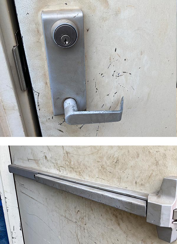 Replaced deadbolt lock cylinder on a commercial door with a push bar. Replaced deadbolt lock cylinder on a commercial door with a push bar.